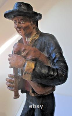 Ancienne rare sculpture statue statuette breton joueur de cornemuse polychrome