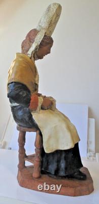 Ancienne rare sculpture statue statuette dentellière bretonne polychrome