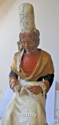 Ancienne rare sculpture statue statuette dentellière bretonne polychrome