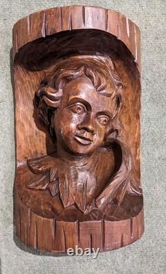 Ancienne sculpture bois chérubin visage enfant tête d'ange statue angelot déco
