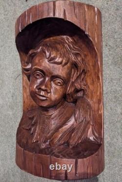 Ancienne sculpture bois chérubin visage enfant tête d'ange statue angelot déco