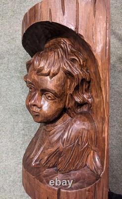 Ancienne sculpture bois chérubin visage enfant tête d'ange statue angelot déco