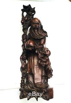 Ancienne sculpture chinoise en bois, homme, enfant et grue, 1870-1880, H31,5 cm