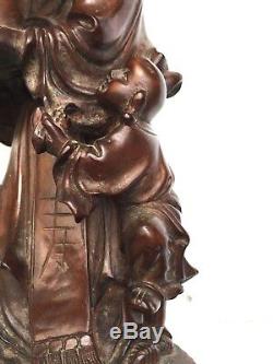 Ancienne sculpture chinoise en bois, homme, enfant et grue, 1870-1880, H31,5 cm