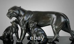 Ancienne sculpture d'époque art déco Panthère noire et ses petits Iréné Rochard