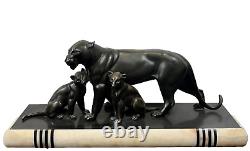 Ancienne sculpture d'époque art déco Panthère noire et ses petits Iréné Rochard