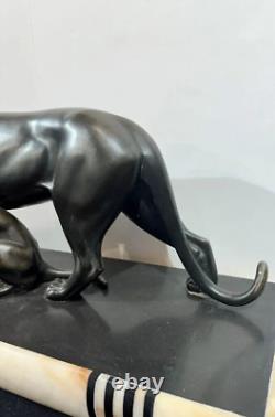 Ancienne sculpture d'époque art déco Panthère noire et ses petits Iréné Rochard
