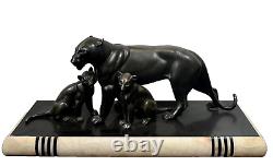 Ancienne sculpture d'époque art déco Panthère noire et ses petits Iréné Rochard