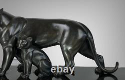 Ancienne sculpture d'époque art déco Panthère noire et ses petits Iréné Rochard