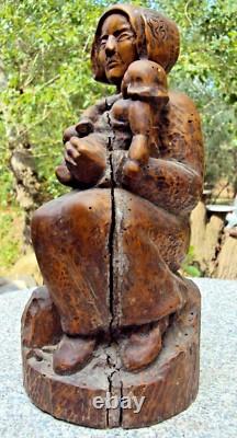 Ancienne sculpture en bois bretonne a l'enfant 19 ème signature à identifier