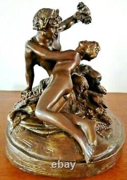 Ancienne sculpture en bronze signée Clodion Faune satyre et nymphe