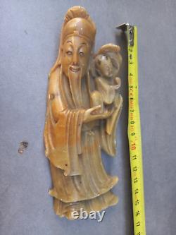Ancienne sculpture en pierre de lard XIXe. Dieu longévité chinois SHOU LAO