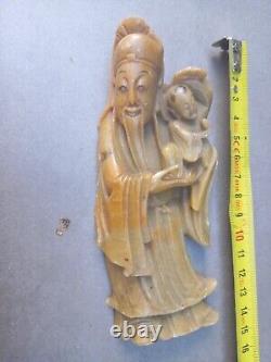 Ancienne sculpture en pierre de lard XIXe. Dieu longévité chinois SHOU LAO