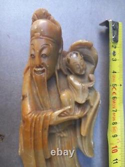 Ancienne sculpture en pierre de lard XIXe. Dieu longévité chinois SHOU LAO