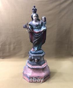 Ancienne sculpture / statue Vierge à l'enfant en bois polychrome 47,5 cm socle