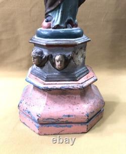 Ancienne sculpture / statue Vierge à l'enfant en bois polychrome 47,5 cm socle