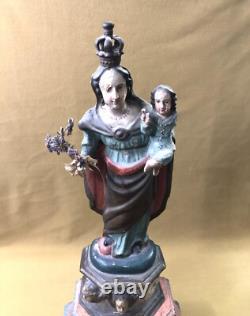 Ancienne sculpture / statue Vierge à l'enfant en bois polychrome 47,5 cm socle