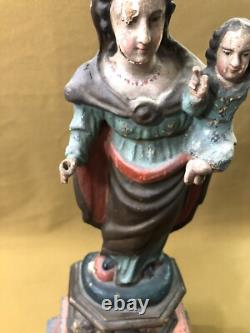 Ancienne sculpture / statue Vierge à l'enfant en bois polychrome 47,5 cm socle