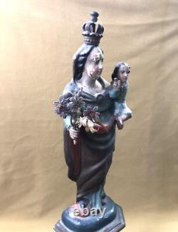 Ancienne sculpture / statue Vierge à l'enfant en bois polychrome 47,5 cm socle