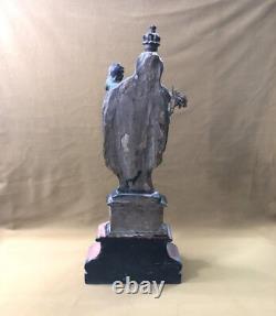 Ancienne sculpture / statue Vierge à l'enfant en bois polychrome 47,5 cm socle