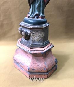 Ancienne sculpture / statue Vierge à l'enfant en bois polychrome 47,5 cm socle