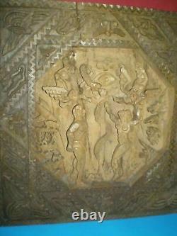Ancienne sculpture sur bois unique / icône représentant La chute d'Adam et