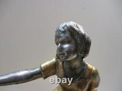 Ancienne statue art déco en régule jeune fille a l'oiseau socle marbre