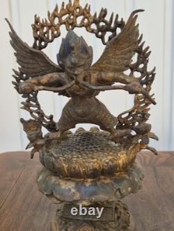 Ancienne statue de Garuda Bronze doré et polychrome Tibet ou Népal XIXe 26cm