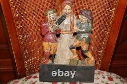 Ancienne statue en bois polychrome sculptée de STE APOLLINE et de 2 bourreaux