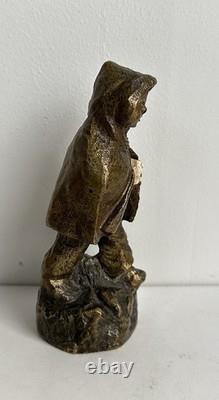 Ancienne statue en bronze chryséléphantin enfant cape chien signé Foucher XIXème