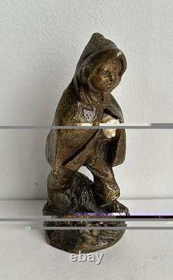 Ancienne statue en bronze chryséléphantin enfant cape chien signé Foucher XIXème