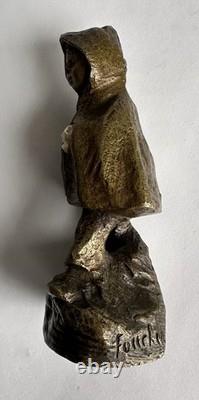 Ancienne statue en bronze chryséléphantin enfant cape chien signé Foucher XIXème