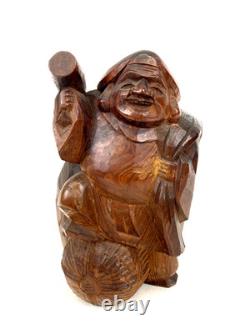 Ancienne statue japonaise Daikokuten bois Dieu chanceux sculpture sur bois