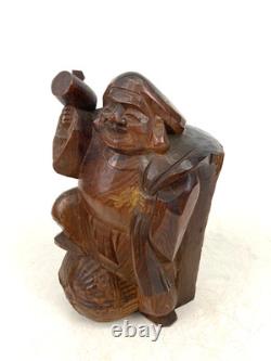 Ancienne statue japonaise Daikokuten bois Dieu chanceux sculpture sur bois