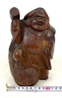 Ancienne statue japonaise Daikokuten bois Dieu chanceux sculpture sur bois