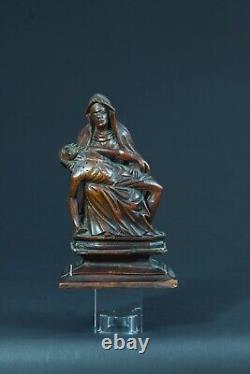 Ancienne statue religieuse Piéta Gothique Vierge de pitié bois sculpté Nord 16e