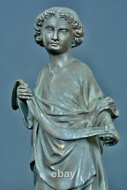 Ancienne statue religieuse en bronze patine sculpture Ange tenant un linge