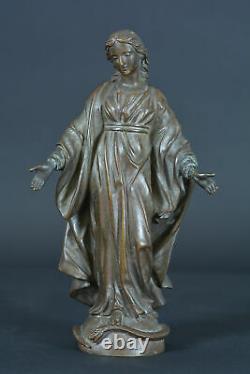 Ancienne statue religieuse en bronze sculpture Vierge aux bras ouverts 19E