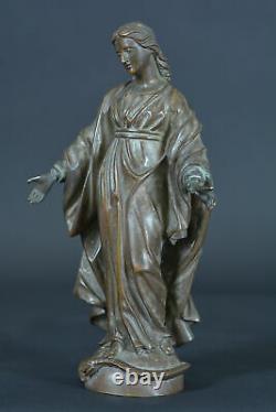 Ancienne statue religieuse en bronze sculpture Vierge aux bras ouverts 19E