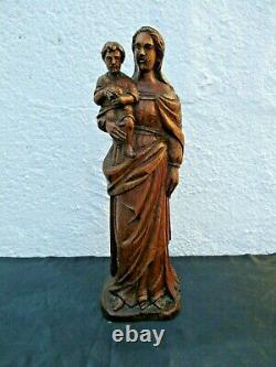 Ancienne statue religieuse sculpture bois vierge marie enfant jésus