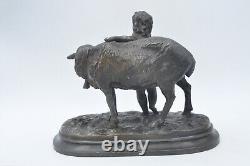 Ancienne statue sculpture L'enfant et la brebis en régule non signée 19° vintage