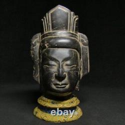 Ancienne statue sculpture tête de Bouddha sculptée en pierre de Chine avec bo