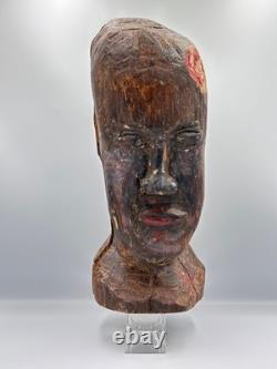 Ancienne statue tête en bois sculpté art populaire capipote procession votive