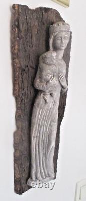 Ancienne unique Sculpture Vierge A L'enfant en pierre fixée sur liège marron