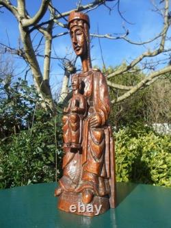 Ancienne vierge enfant bois sculpté style moyen age haute époque Auvergne 49 cm
