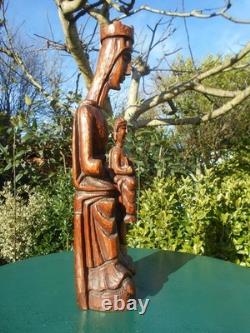 Ancienne vierge enfant bois sculpté style moyen age haute époque Auvergne 49 cm