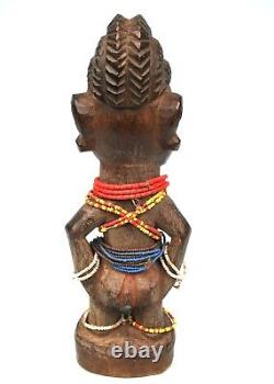 Art Africain Ethnique Ancien Ibeji Yoruba Orné de Colliers de Perles 24 Cms