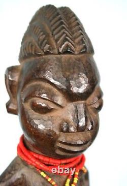 Art Africain Ethnique Ancien Ibeji Yoruba Orné de Colliers de Perles 24 Cms
