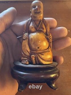 Art D'Asie Statuette Ancienne Bouddha Rieur Sur Socle Bois