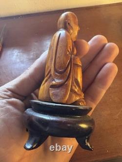 Art D'Asie Statuette Ancienne Bouddha Rieur Sur Socle Bois